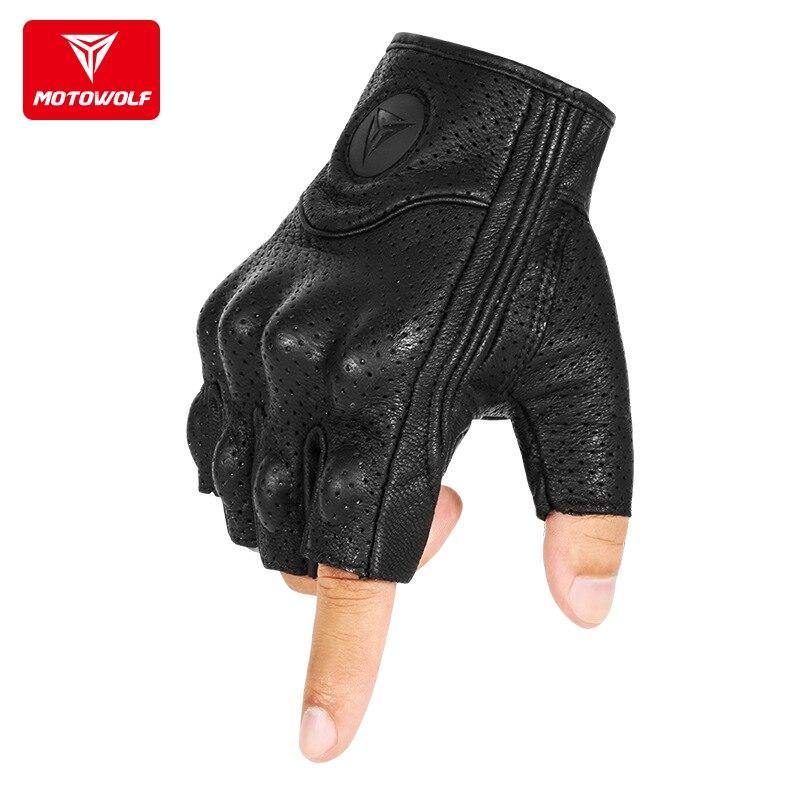Motowolf Motocycle Unisex Half Finger Perforated Real Sheepskin Leather Gloves Summer Breathable Anti-fall Protect Gloves -  Motowolf